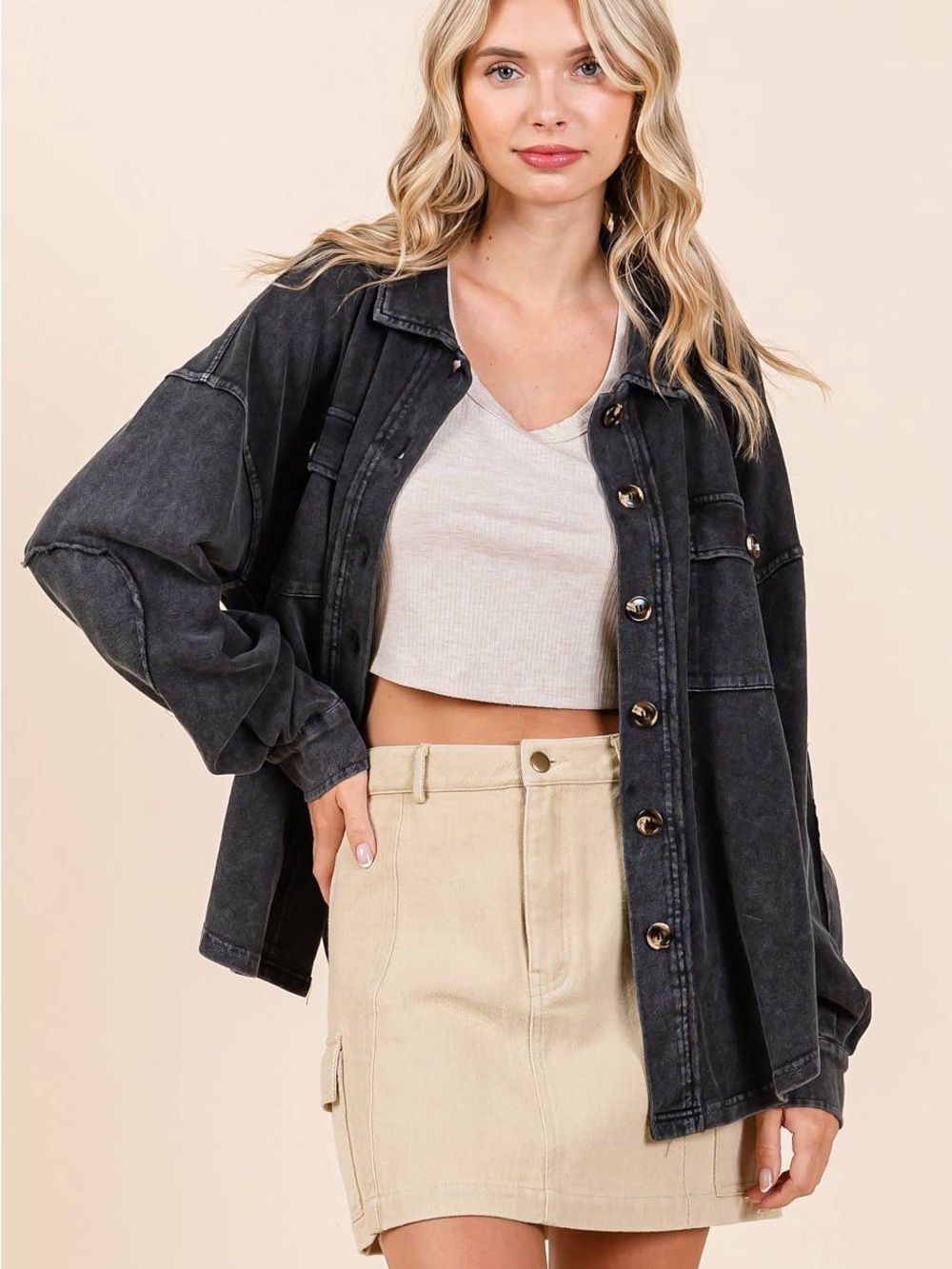 Washed Black Oversized Button-Up Shacket - Picture 4 of 4